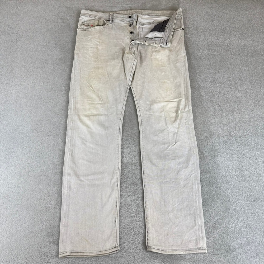 Diesel Buster Slim Tapered Jeans Mens 36x32 White Distressed Button Fly Stretch